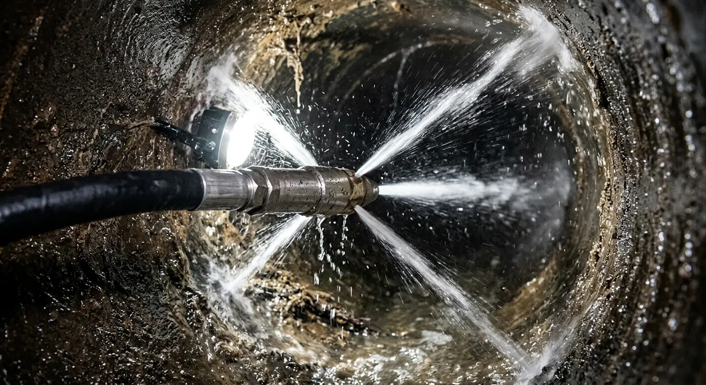 High-pressure hydro jetting nozzle cleaning sewer pipe for Emergency Drain Service in Oak Grove