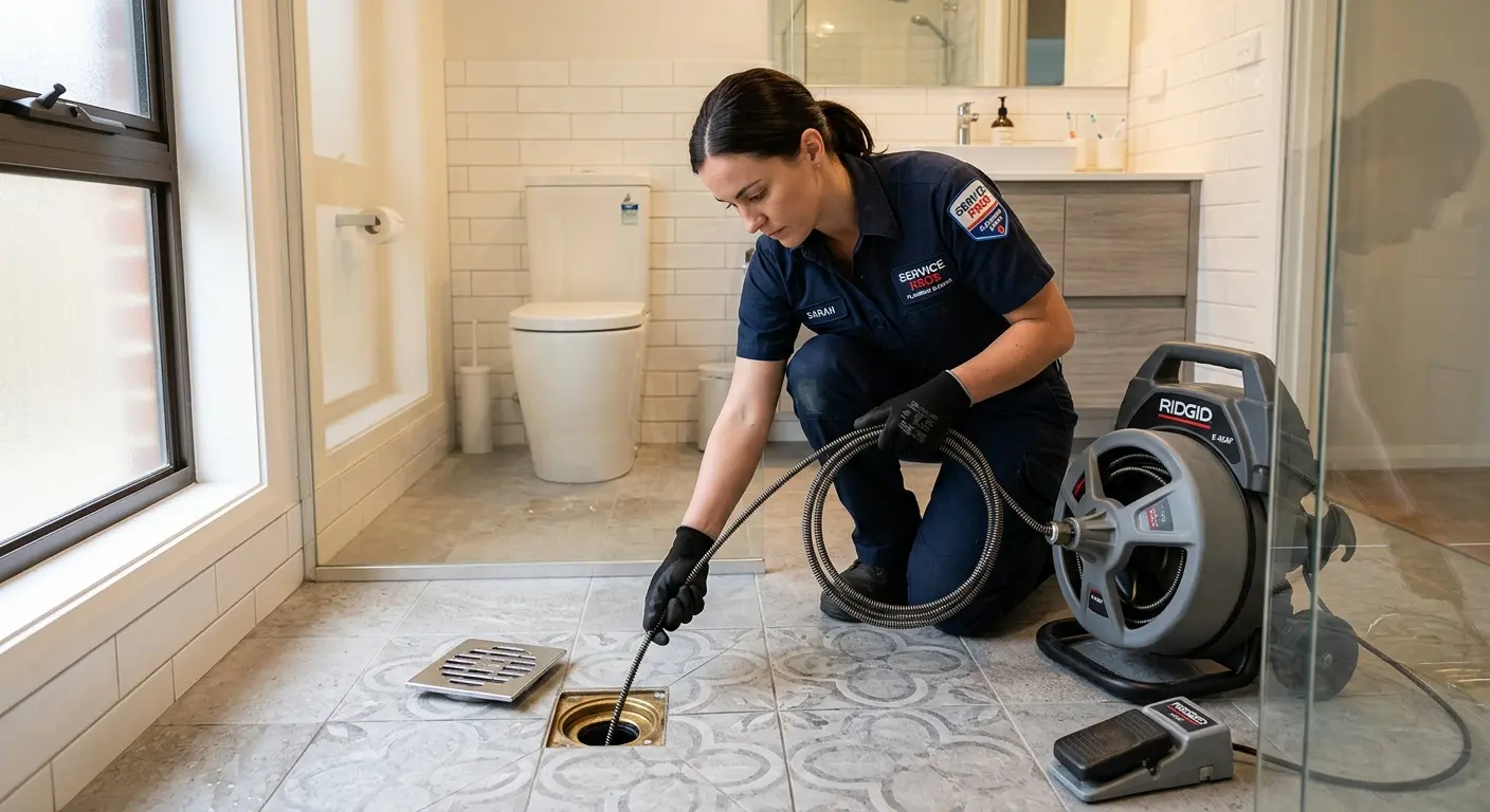 Technician clearing a bathroom floor drain for Sewer Line Installation in Oak Grove